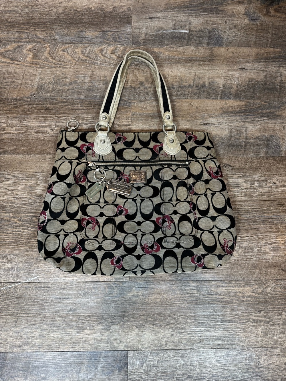 Coach Poppy Beige/Black Signature Canvas Tote Shoulder Purse - Picture 12 of 12